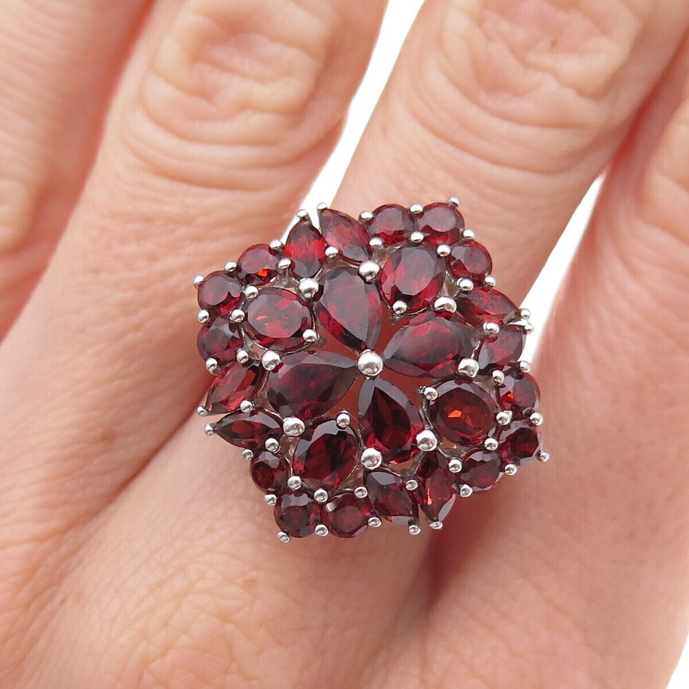 925 Sterling Silver Vintage Real Red Garnet Floral Cluster Ring Size 9
